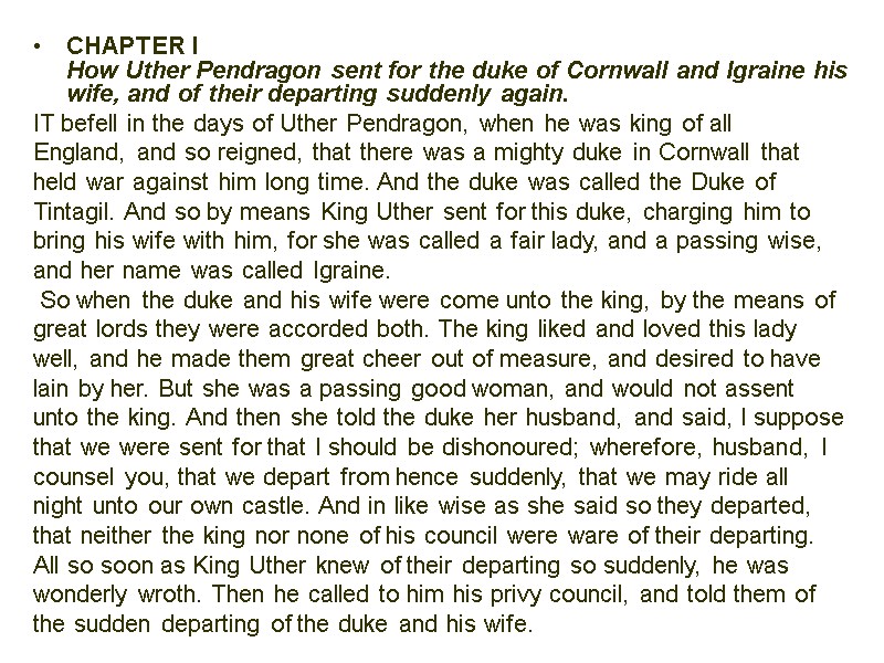 CHAPTER I  How Uther Pendragon sent for the duke of Cornwall and Igraine